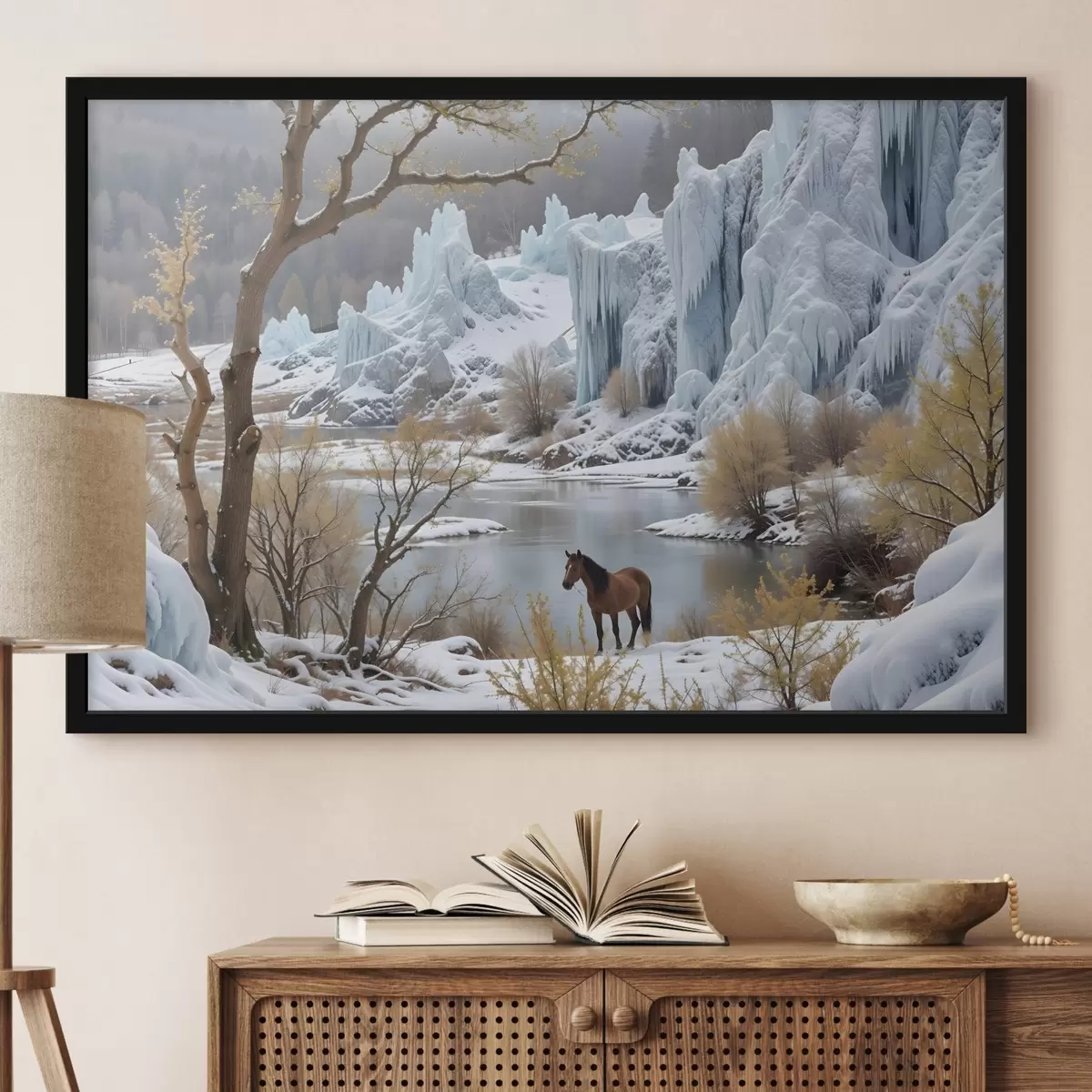 Affiche Paysage hivernal enneigé avec un lac gelé, d'imposantes falaises glacées et un cheval au premier plan f41716