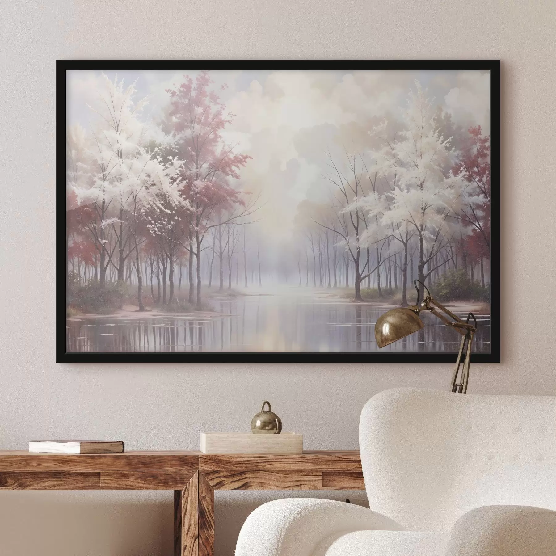 Fotobehang Een sereen landschap met een mistig bos, kale bomen en een kalm meer dat de zachtroze en witte tinten weerspiegelt f41720