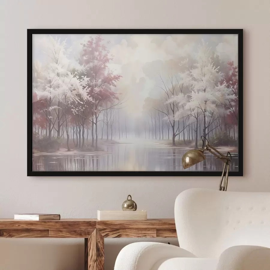 Fotobehang Een sereen landschap met een mistig bos, kale bomen en een kalm meer dat de zachtroze en witte tinten weerspiegelt f41720