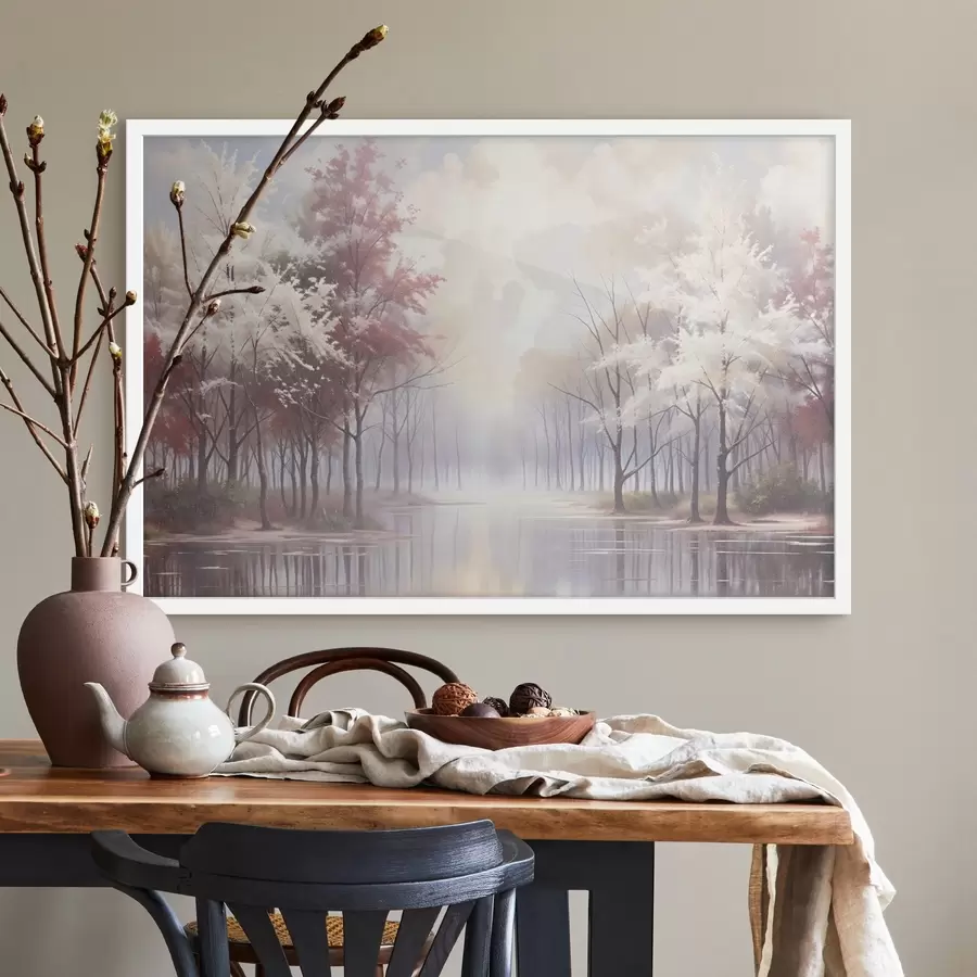 Fotobehang Een sereen landschap met een mistig bos, kale bomen en een kalm meer dat de zachtroze en witte tinten weerspiegelt f41720