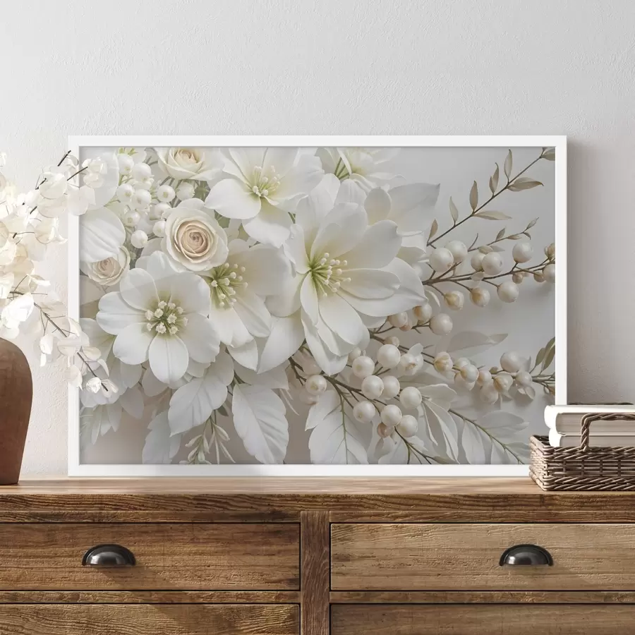 Papier peint photo Fleurs blanches délicates, y compris lys, roses et autres fleurs aux pétales doux et veloutés f41722