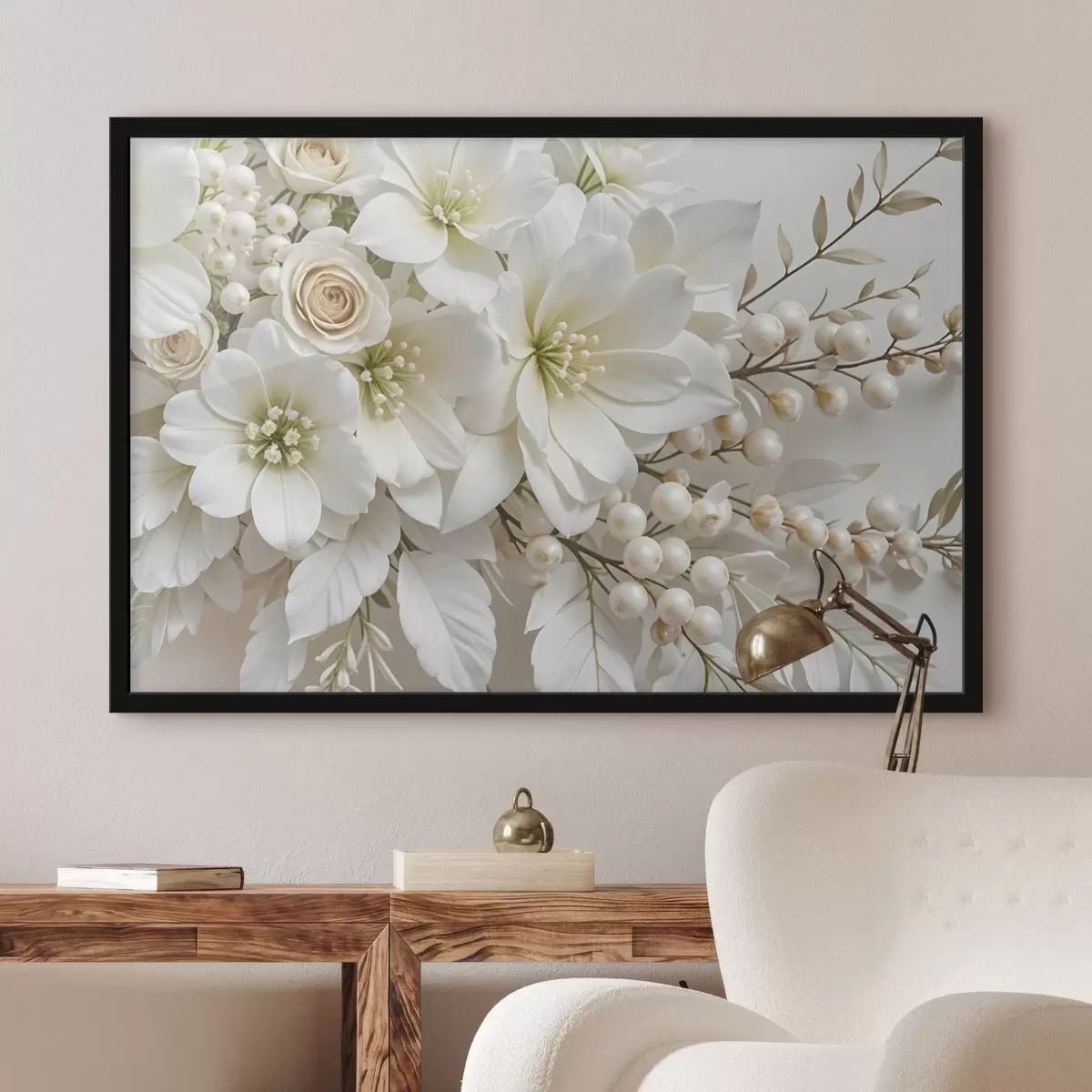 Affiche Fleurs blanches délicates, y compris lys, roses et autres fleurs aux pétales doux et veloutés f41722