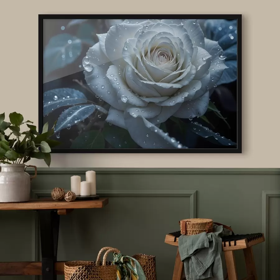 Fotobehang Een close-up van een witte roos met waterdruppels op de bloemblaadjes, tegen een donkere achtergrond f41723