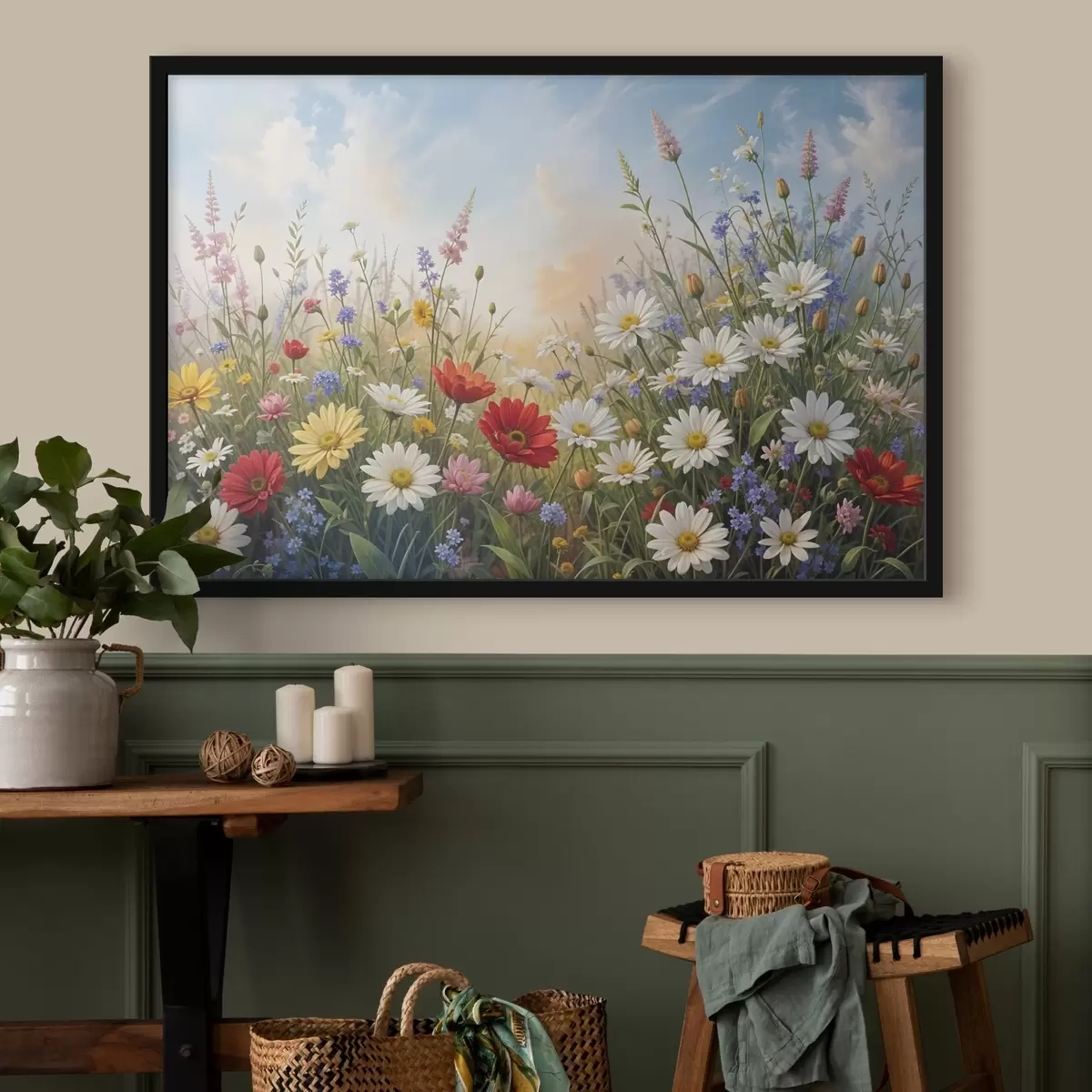 Affiche Un champ de fleurs sauvages colorées comprenant des marguerites, des coquelicots et d'autres plantes en fleurs sur fond de ciel bleu f41725