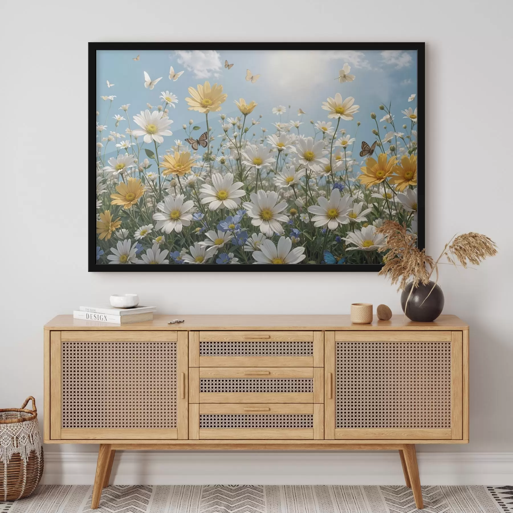 Fotobehang Een veld van witte en gele margrieten tegen een blauwe lucht met pluizige witte wolken en vlinders die erboven vliegen f41726