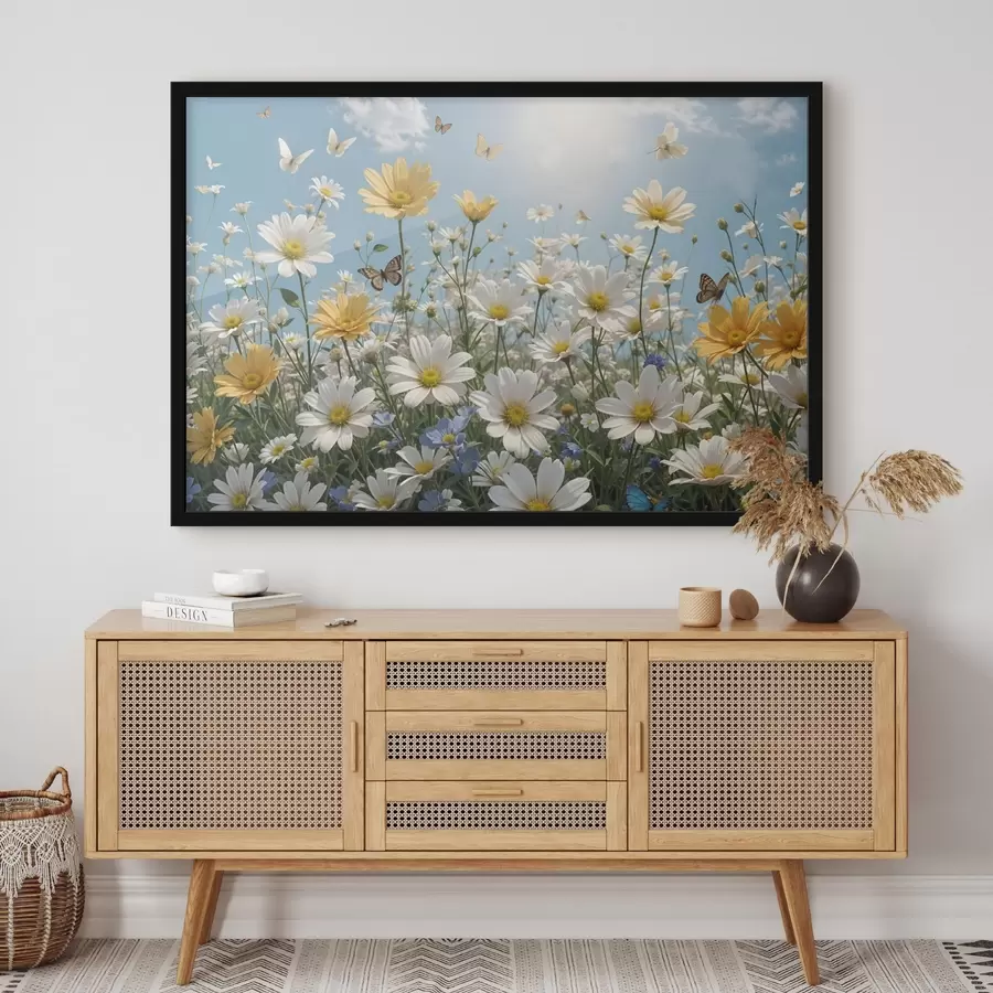 Papier peint photo Un champ de marguerites blanches et jaunes sur fond de ciel bleu avec des nuages blancs cotonneux et des papillons volant au-dessus f41726