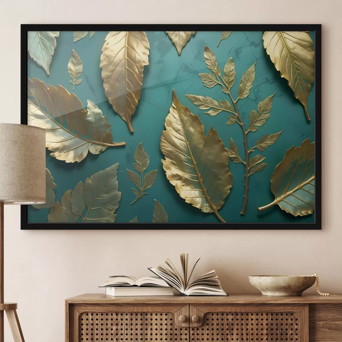Affiche Feuilles jaunes délicates sur fond sarcelle, créant un imprimé botanique élégant f41727