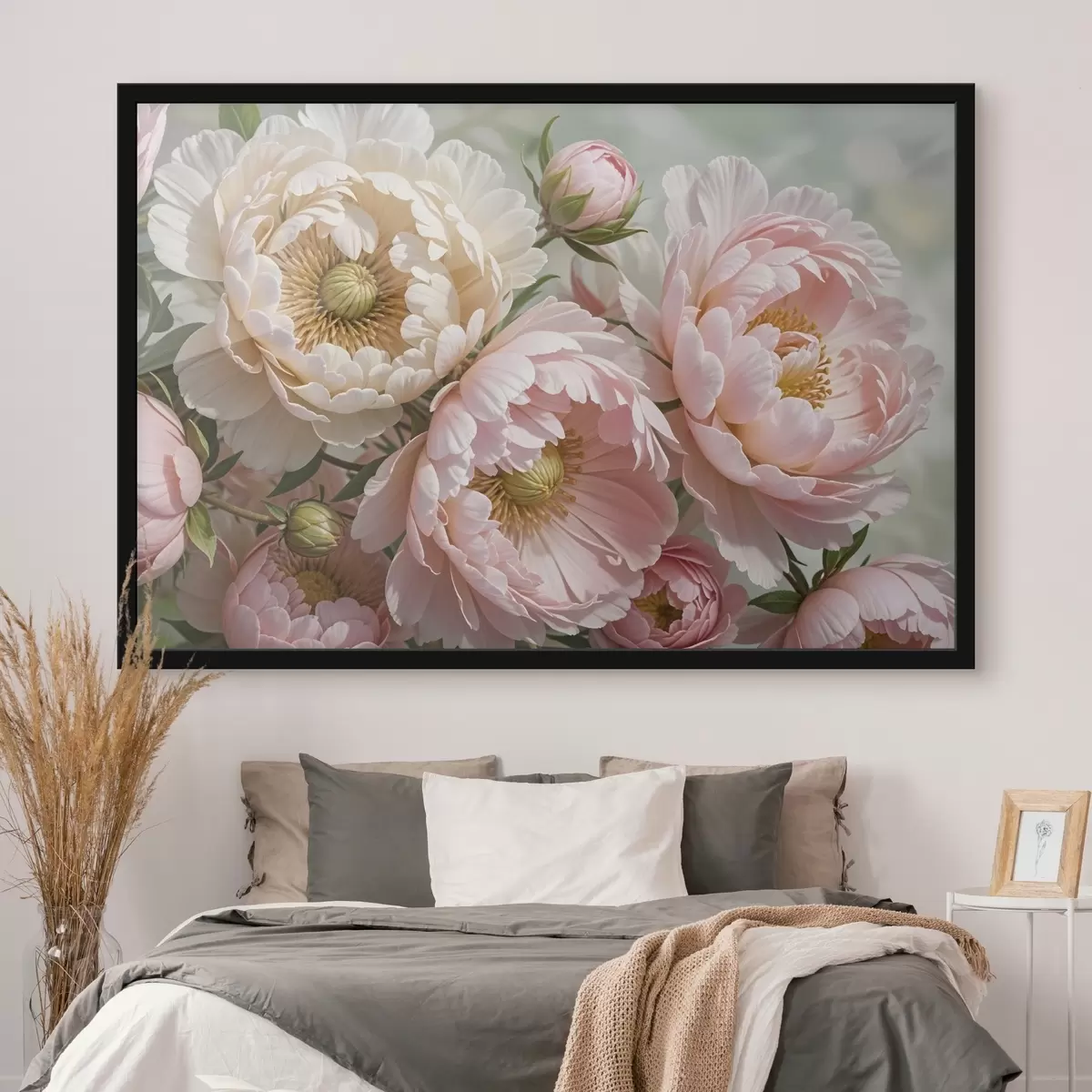 Poster Verschillende grote, weelderige pioenbloemen met delicate bloemblaadjes in roze en witte tinten f41729