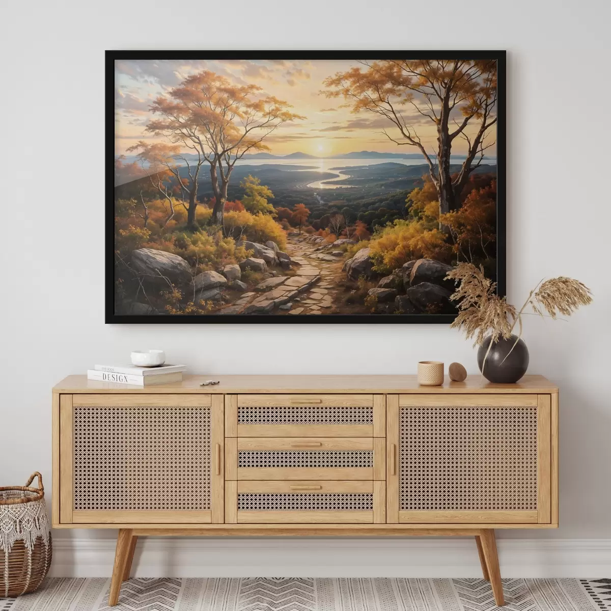 Affiche Paysage avec un chemin de terre sinueux traversant une forêt d'arbres aux couleurs automnales et un ciel couchant f41732