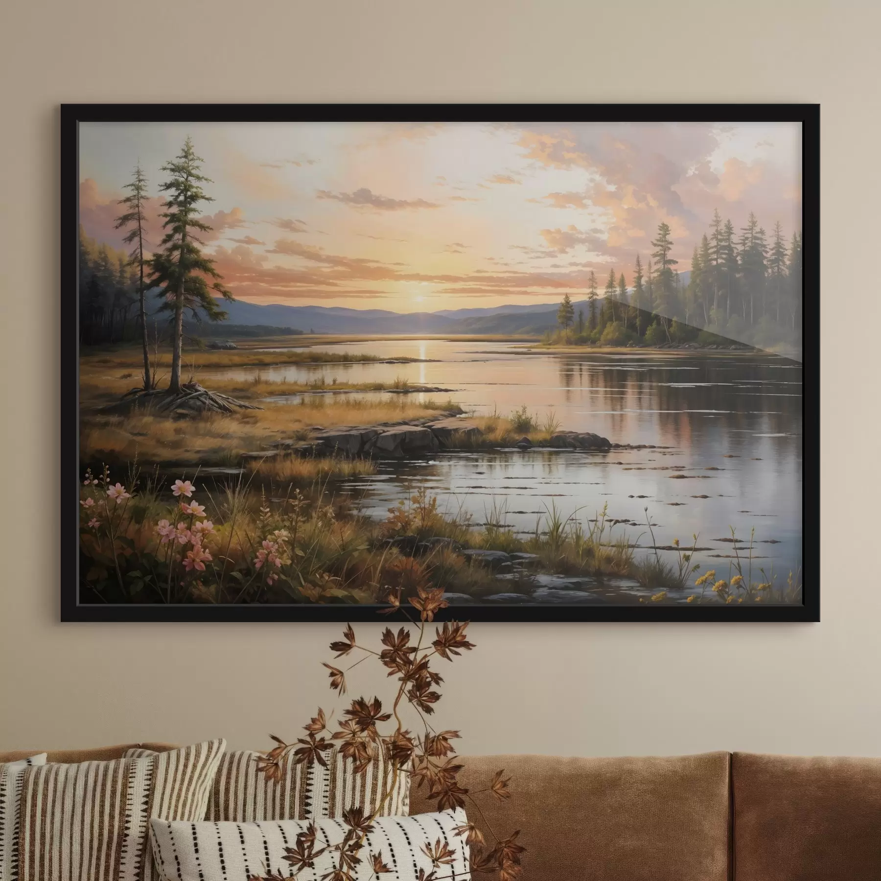 Papier peint photo Un paysage serein avec un lac entouré de pins, reflétant les couleurs chaudes du ciel au coucher du soleil f41733