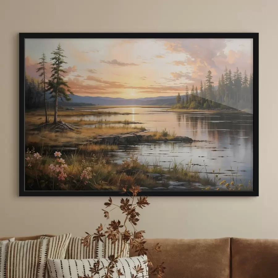 Papier peint photo Un paysage serein avec un lac entouré de pins, reflétant les couleurs chaudes du ciel au coucher du soleil f41733