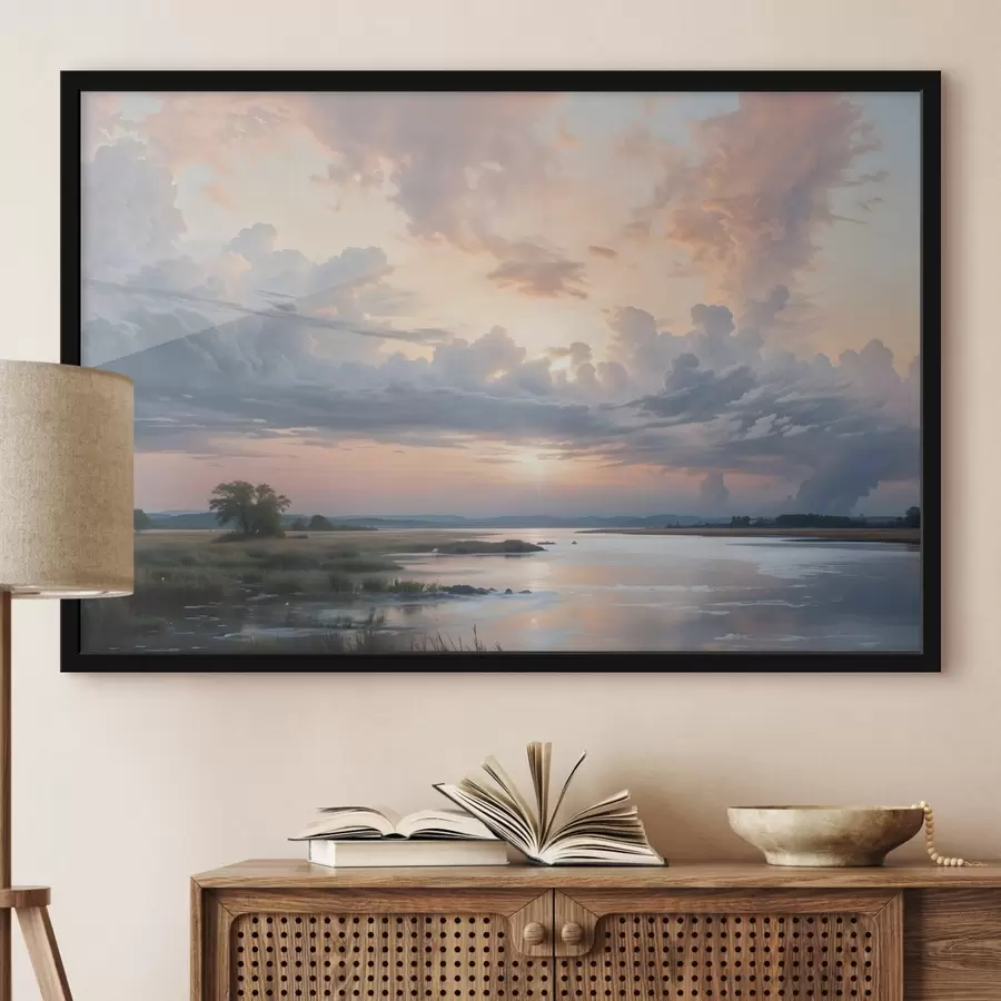 Fotobehang Een sereen pastelkleurig landschap met een kalm meer dat de kleurrijke lucht weerspiegelt bij zonsondergang f41734