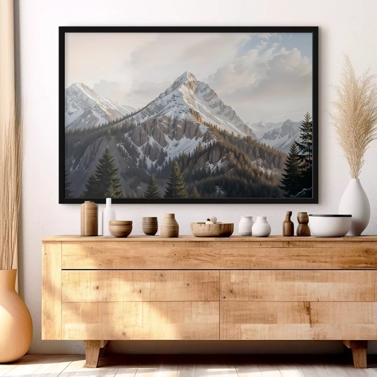 Affiche Un pic montagneux enneigé s'élevant au-dessus d'un paysage forestier, avec des pins au premier plan f41736