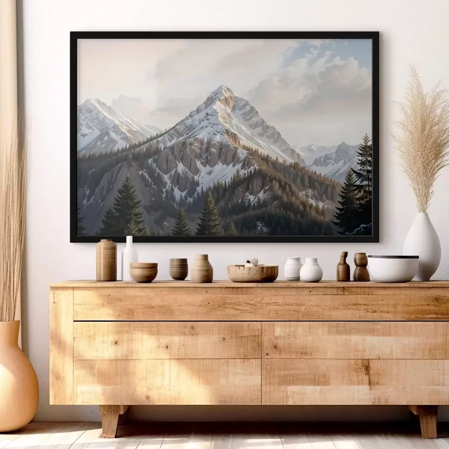 Fotobehang Een besneeuwde bergtop die boven een bebost landschap uitsteekt, met pijnbomen op de voorgrond f41736