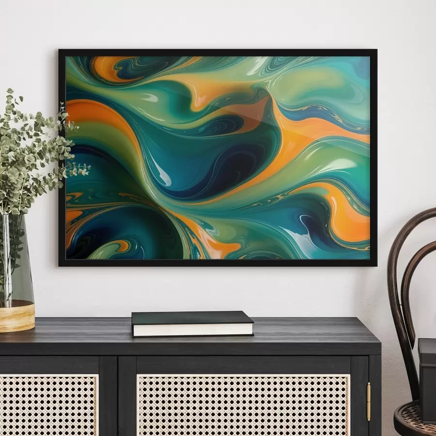 Fotobehang Wervelende abstracte patronen in groene, blauwe en oranje tinten met vloeiende, organische vormen en texturen f41737