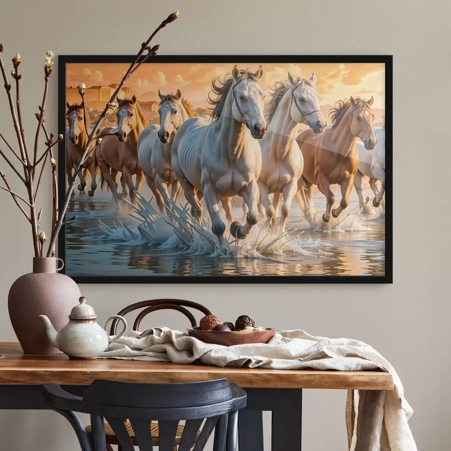 Fotobehang Een kudde witte paarden rent door ondiep water, met een oranje lucht op de achtergrond f41740