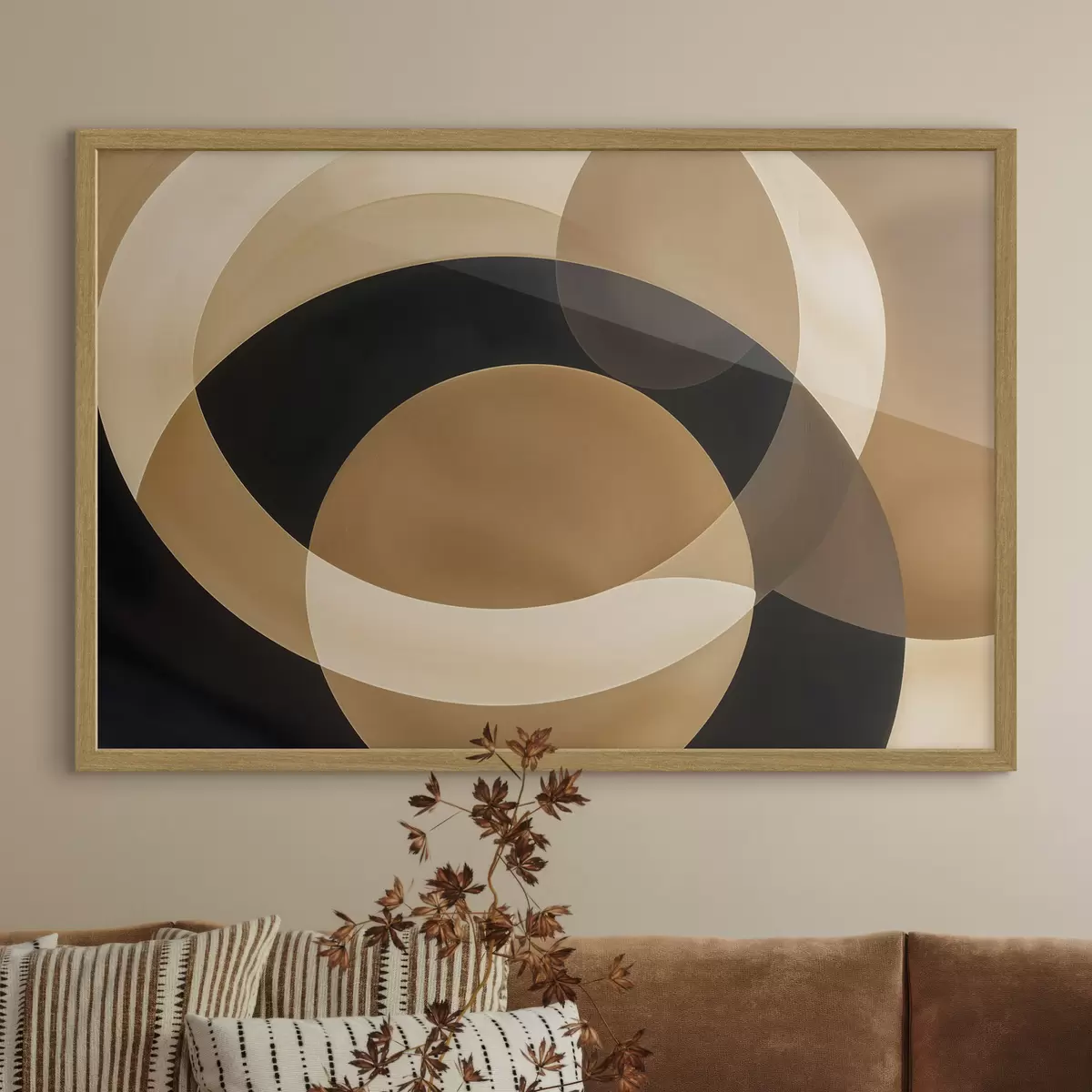 Poster Geometrische vormen in bruin-, beige- en zwarttinten die een abstracte, minimalistische compositie creëren f41741