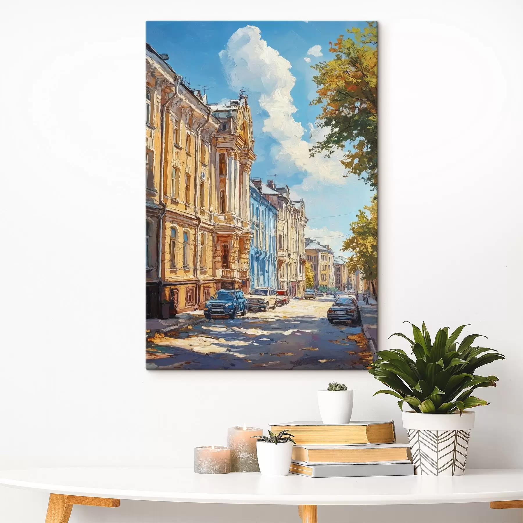 Fotobehang Stadsstraat op een zonnige dag, in de stijl van olieverf s41751