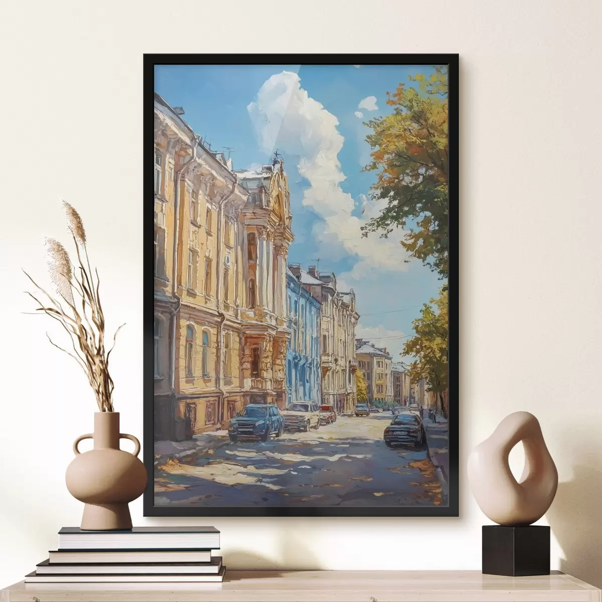 Poster Stadsstraat op een zonnige dag, in de stijl van olieverf f41751