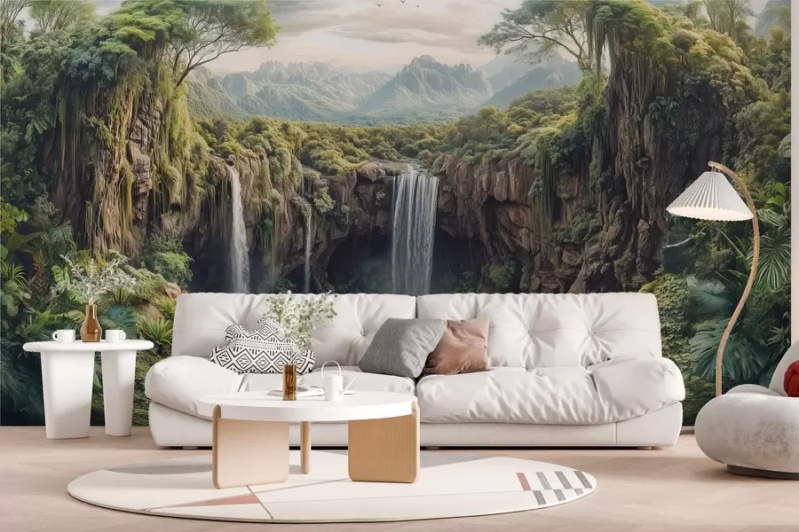 Fotobehang groot panorama van de canyon met bomen en een waterval w02294