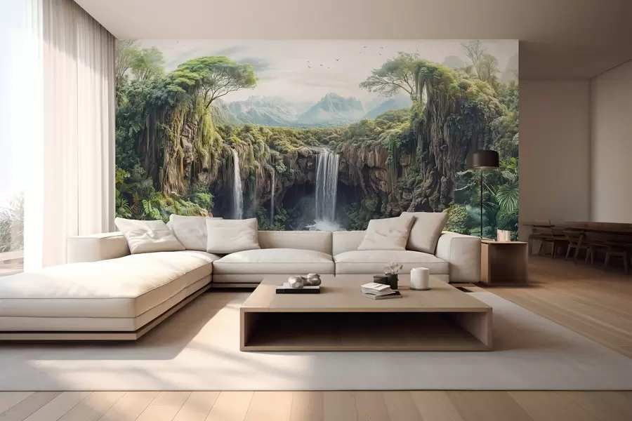 Fotobehang groot panorama van de canyon met bomen en een waterval w02294