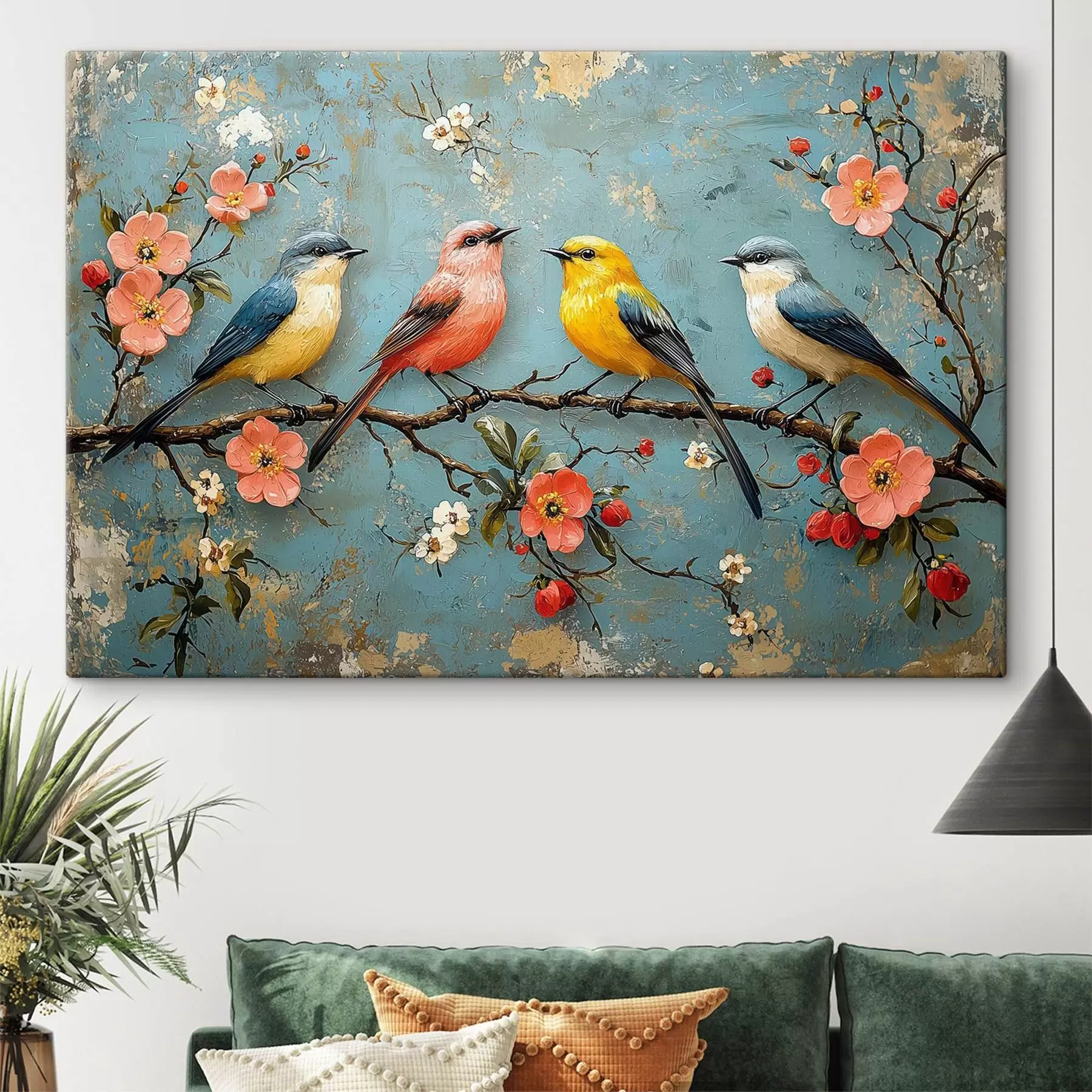 Fotobehang Vogels op een tak van sakura in de stijl van olieverfschilderij s41834