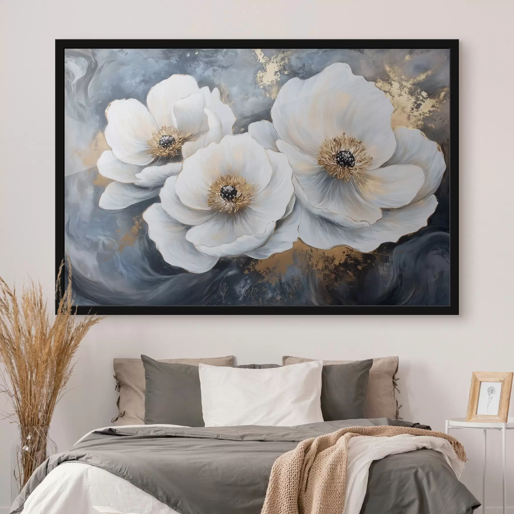 Fotobehang Witte tere bloemen tegen een achtergrond van olieverfstreken f41833