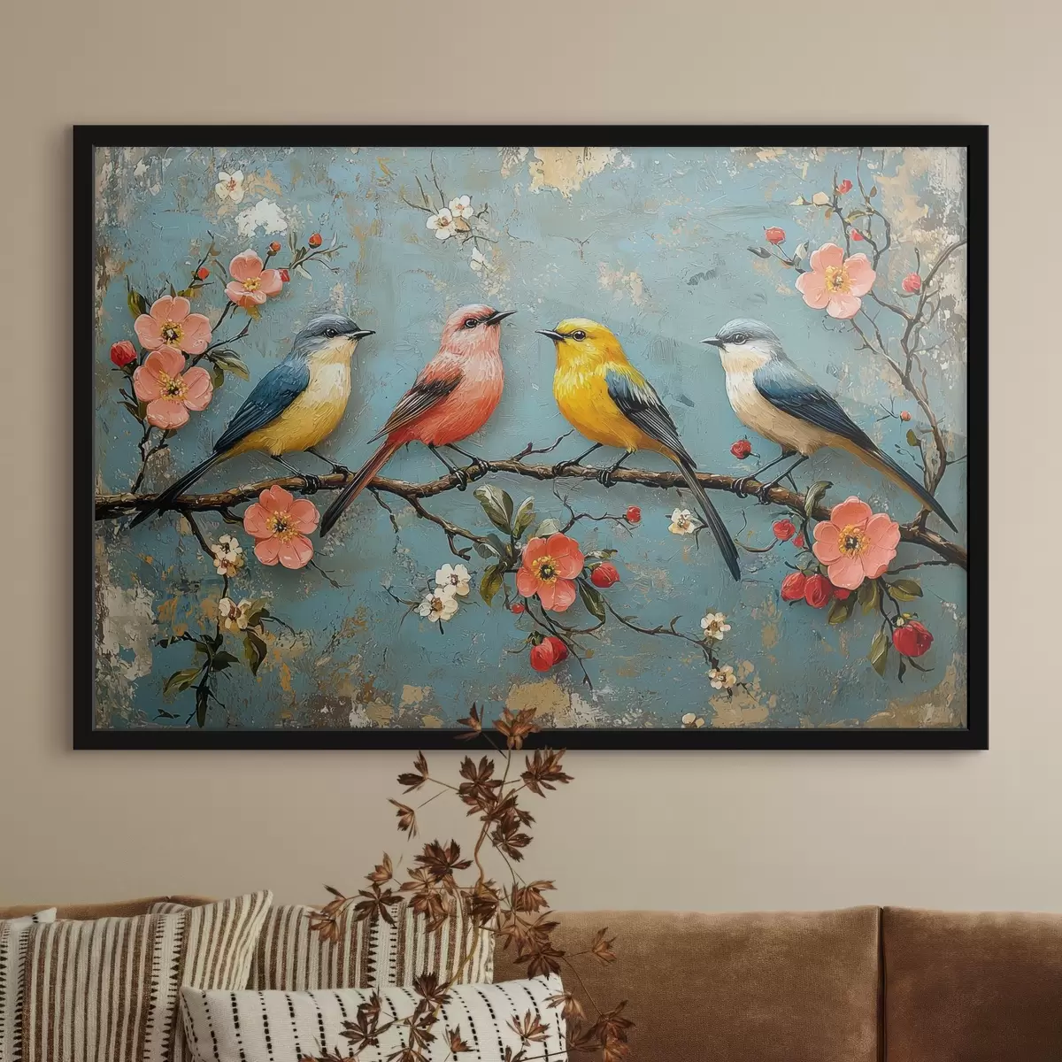 Poster Vogels op een tak van sakura in de stijl van olieverfschilderij f41834