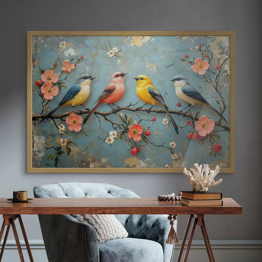 Papier peint photo Oiseaux sur une branche de sakura dans le style de la peinture à l'huile f41834