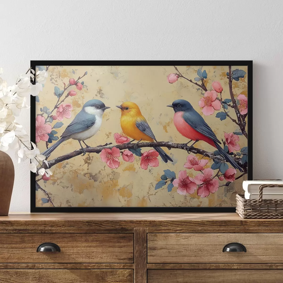 Poster Mussen op een tak van sakura in de stijl van olieverfschilderij f41835