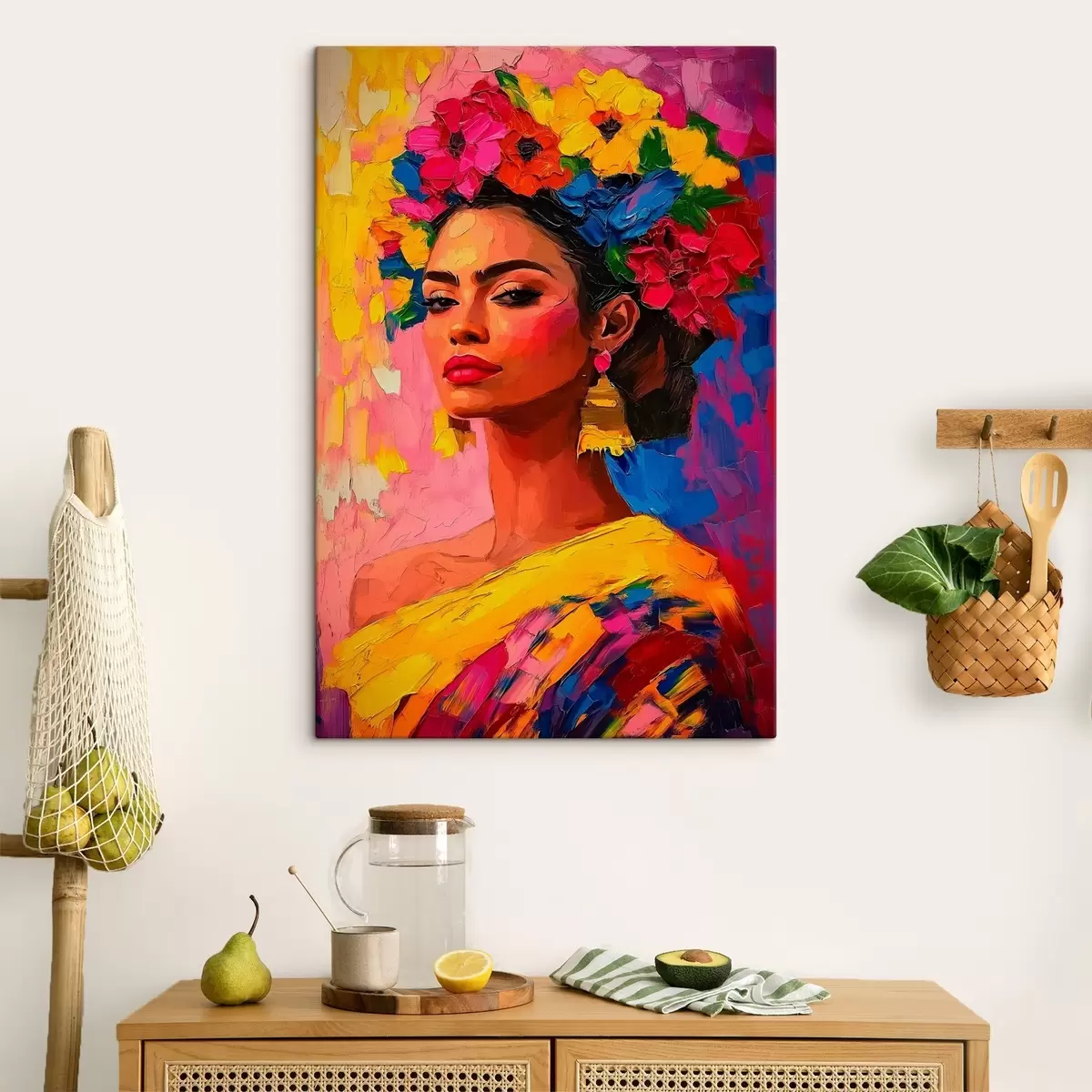  Peintures Une femme parée d'une couronne florale lumineuse sur un fond coloré s41809
