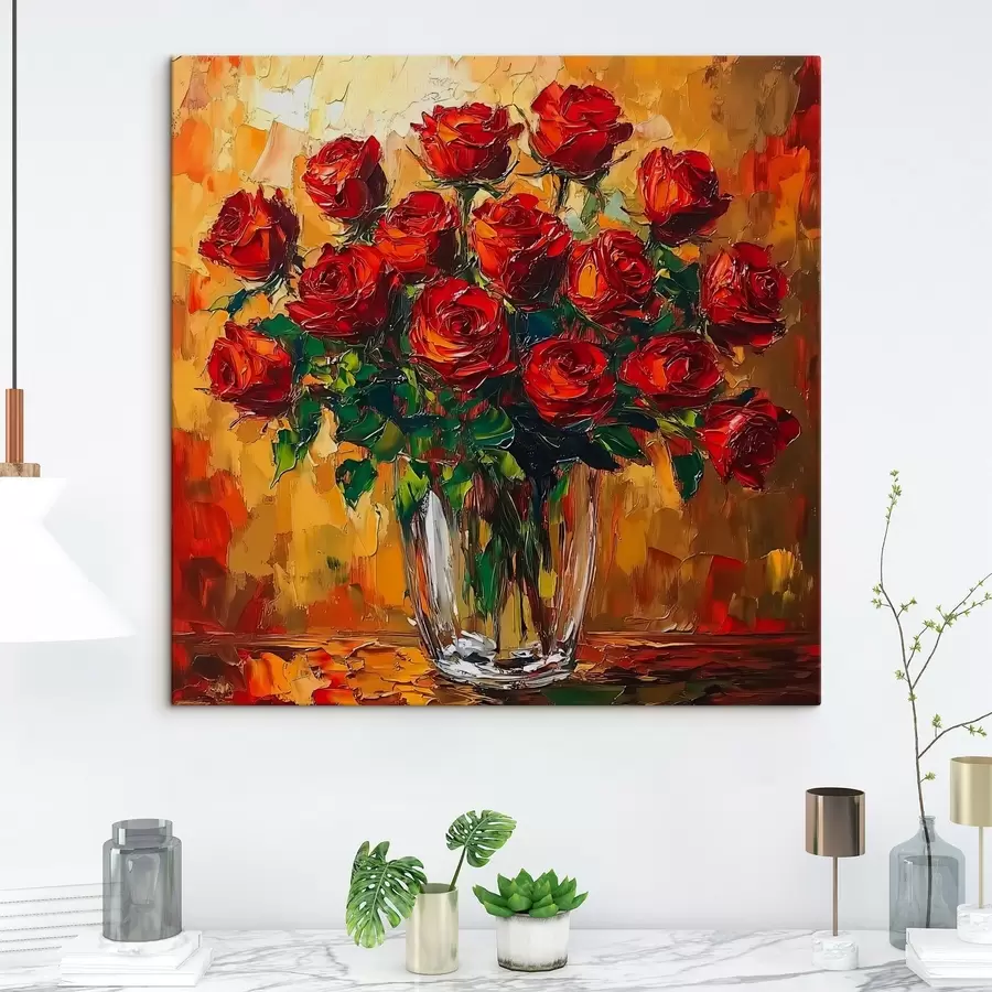  Peintures Roses rouges dans un vase transparent sur fond chaud s41816