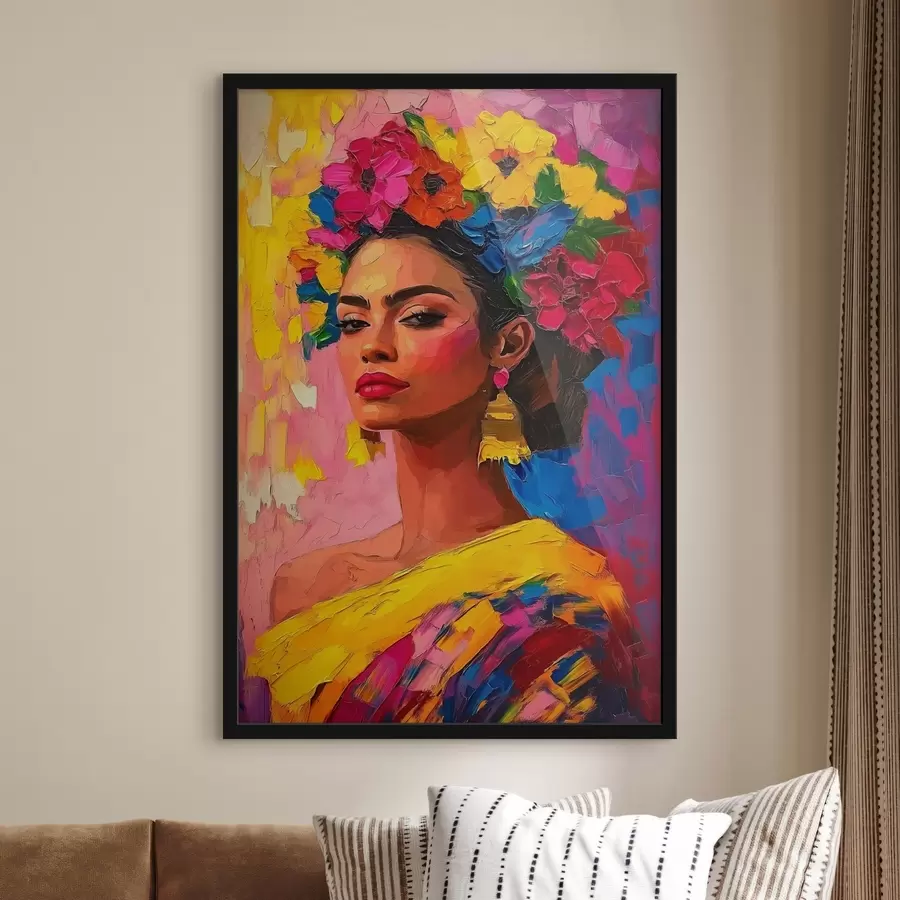 Fotobehang Een vrouw versierd met een heldere bloemenkroon op een kleurrijke achtergrond f41809