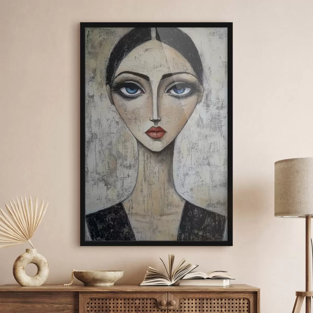 Poster Een portret van een vrouw met expressieve ogen in een gestileerde techniek f41811