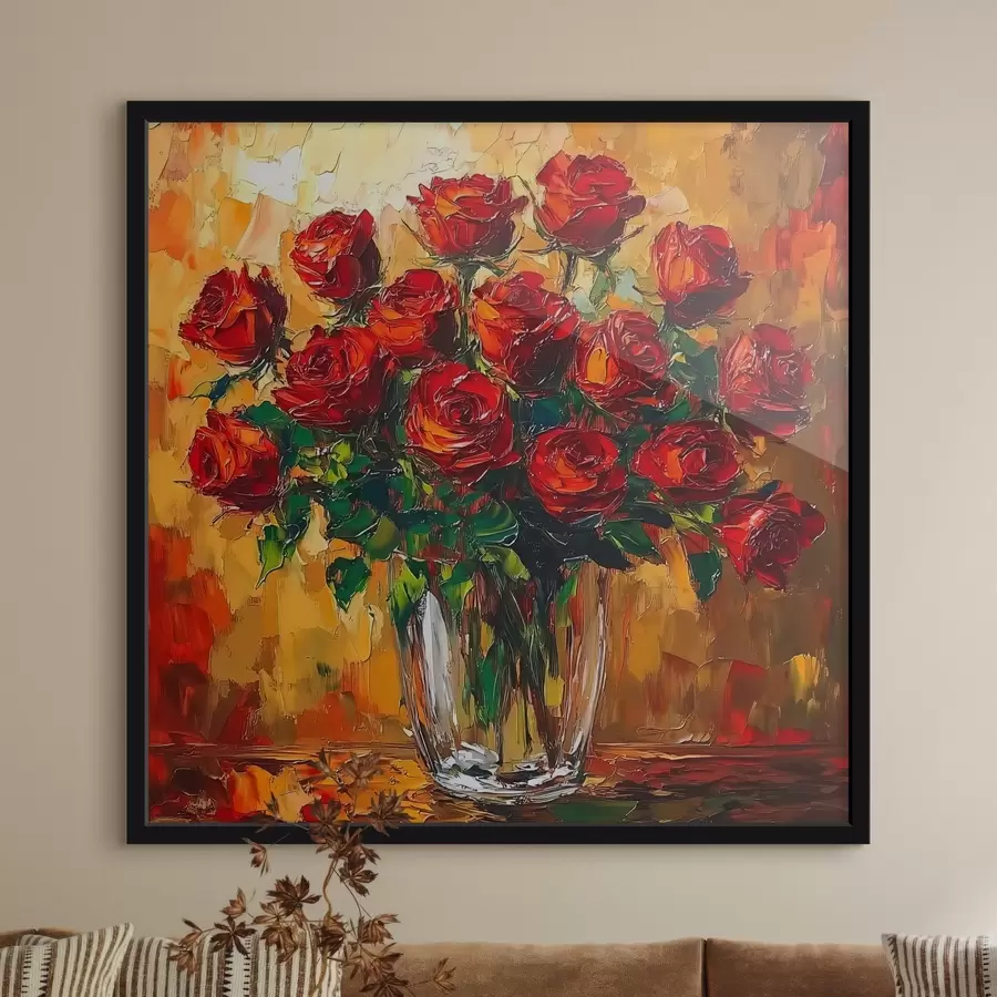 Papier peint photo Roses rouges dans un vase transparent sur fond chaud f41816