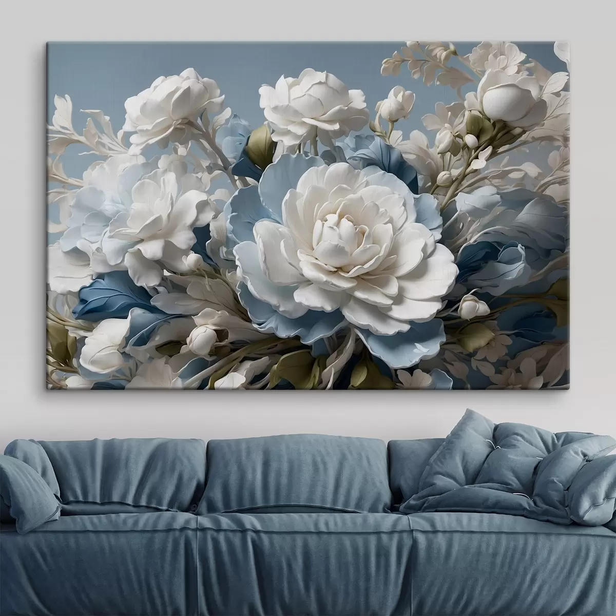  Schilderijen Witte bloemen en bladeren op blauwe achtergrond s41527