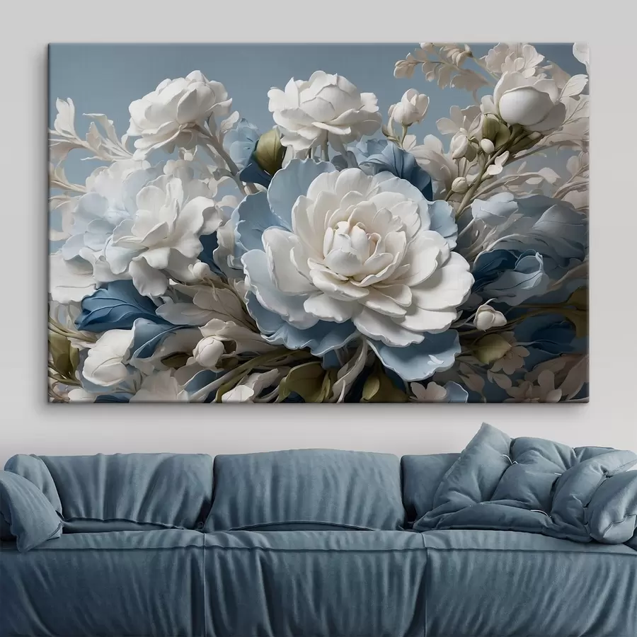  Schilderijen Witte bloemen en bladeren op blauwe achtergrond s41527