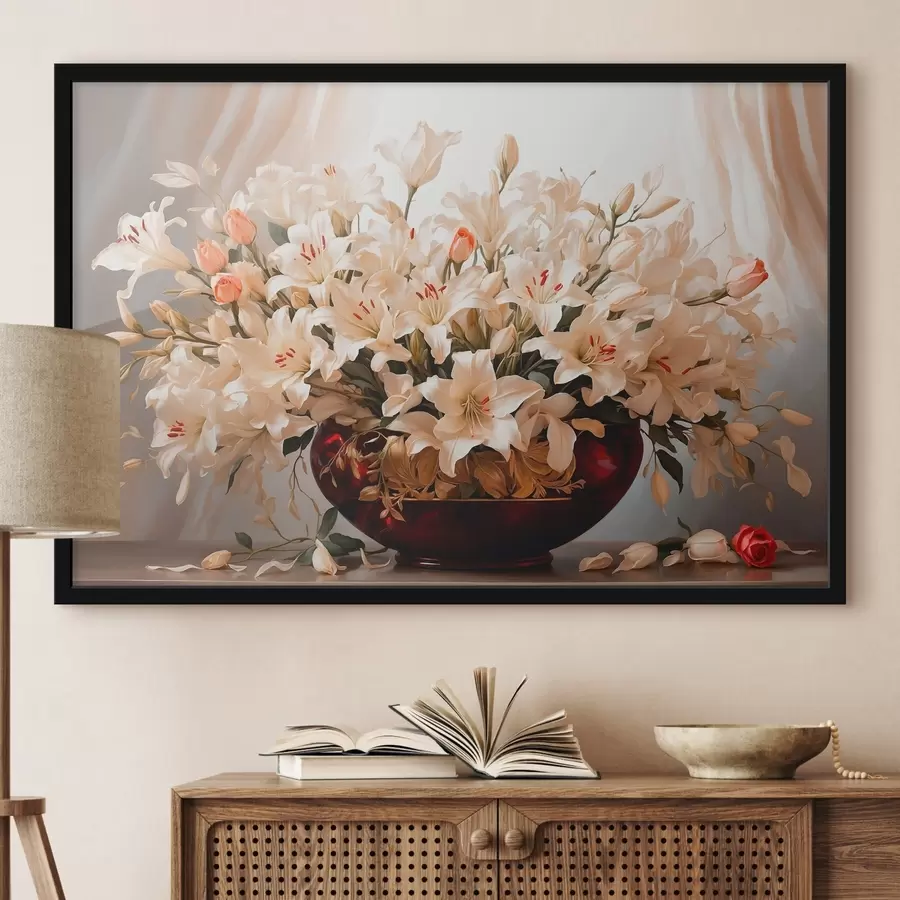 Fotobehang Boeket bloemen in rode volumetrische vaas f41510