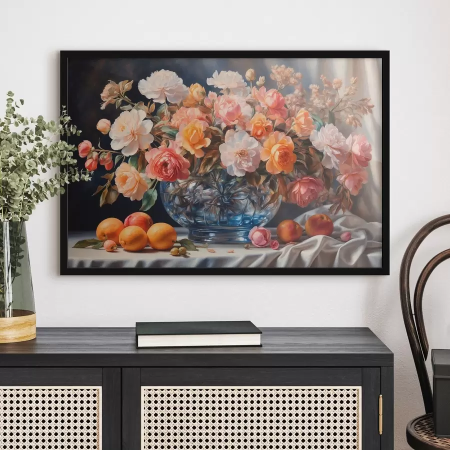 Fotobehang Boeket bloemen in een transparante vaas op een tafel f41533