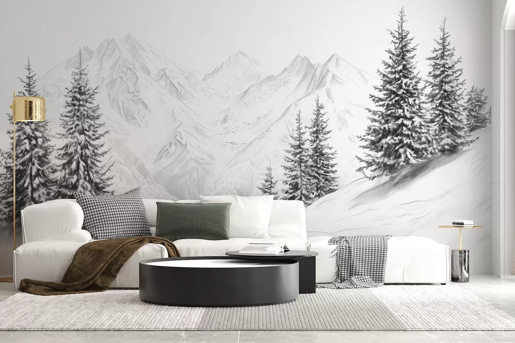 Fotobehang Besneeuwde bergen, potlood tekening, minimalisme, bos, natuur w02351