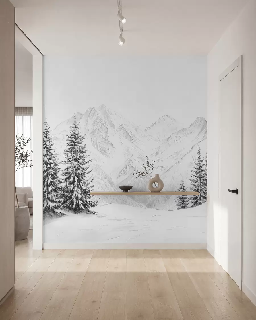 Fotobehang Besneeuwde bergen, potlood tekening, minimalisme, bos, natuur w02351