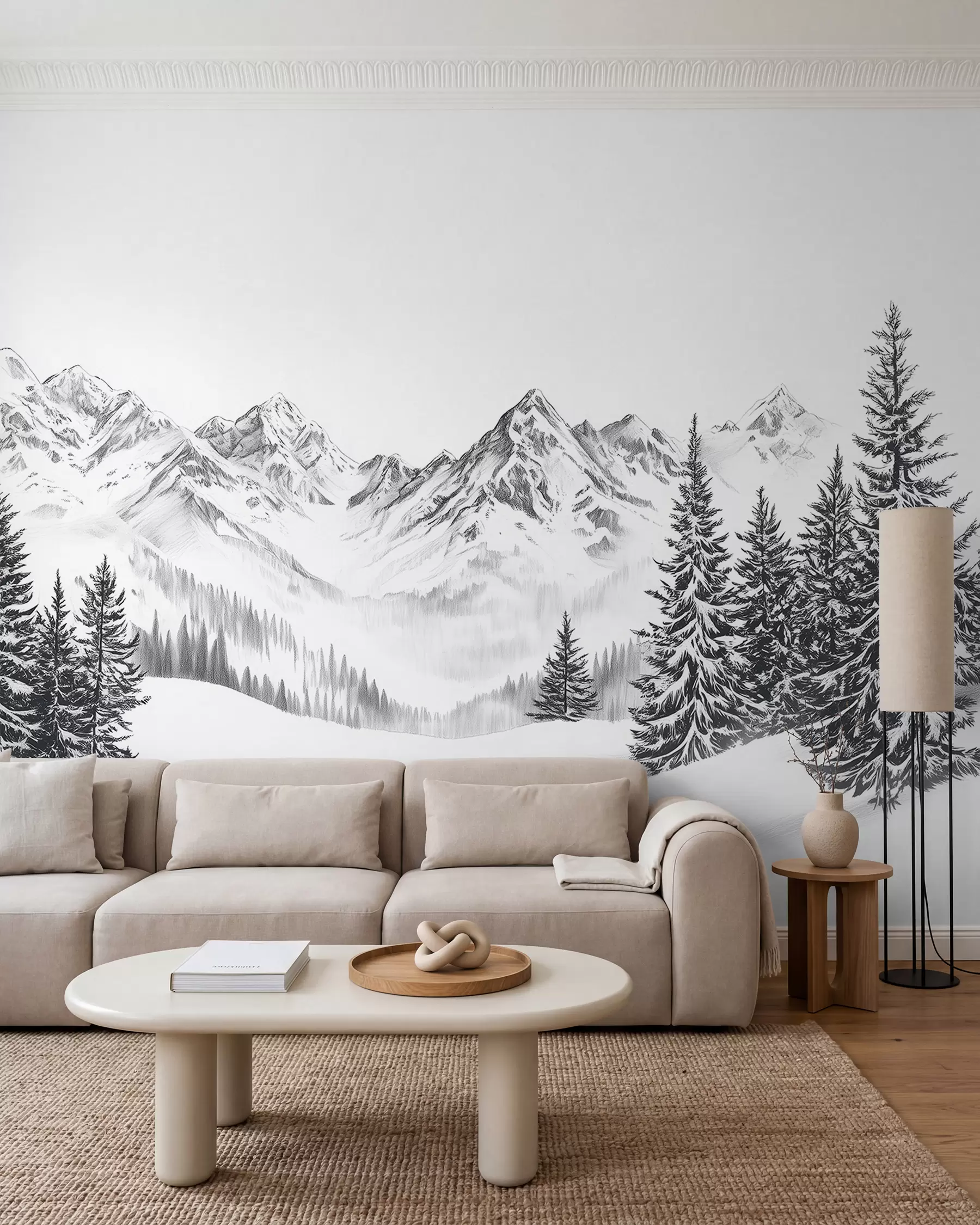Fotobehang Alpen in de sneeuw, potloodstijl, minimalisme w02352