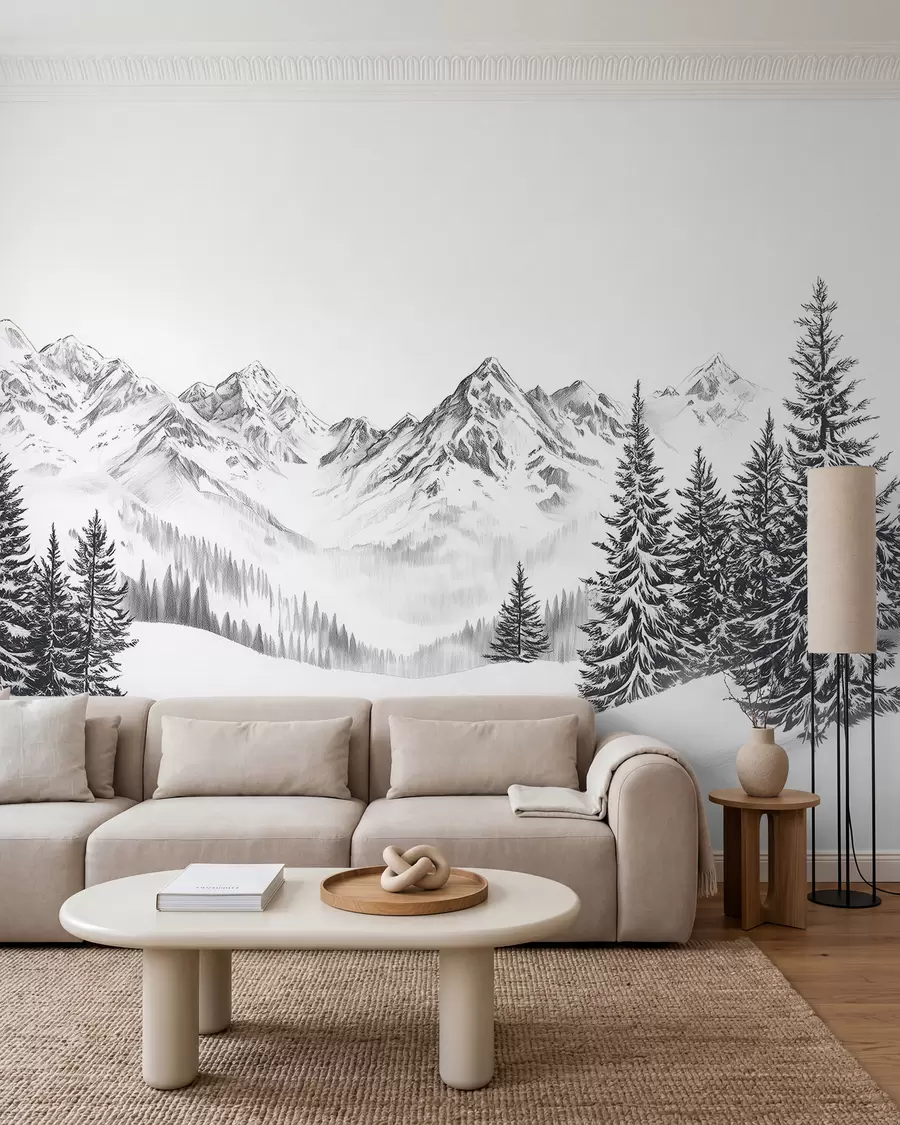 Fotobehang Alpen in de sneeuw, potloodstijl, minimalisme w02352