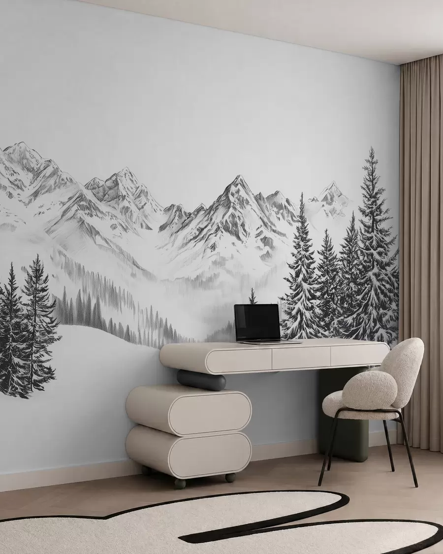 Fotobehang Alpen in de sneeuw, potloodstijl, minimalisme w02352