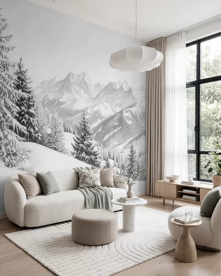 Fotobehang Winter in de bergen, bos, Alpen, potlood tekening, natuurlandschappen w02353