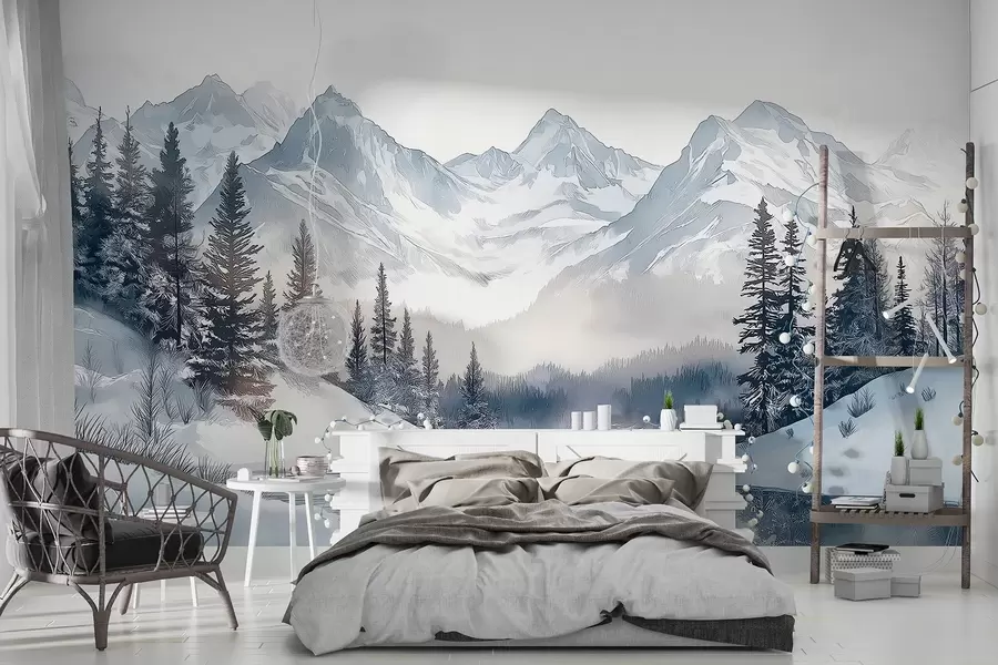Papier peint photo Montagnes avec lac, hiver, forêt, ciel couchant, nature w02357