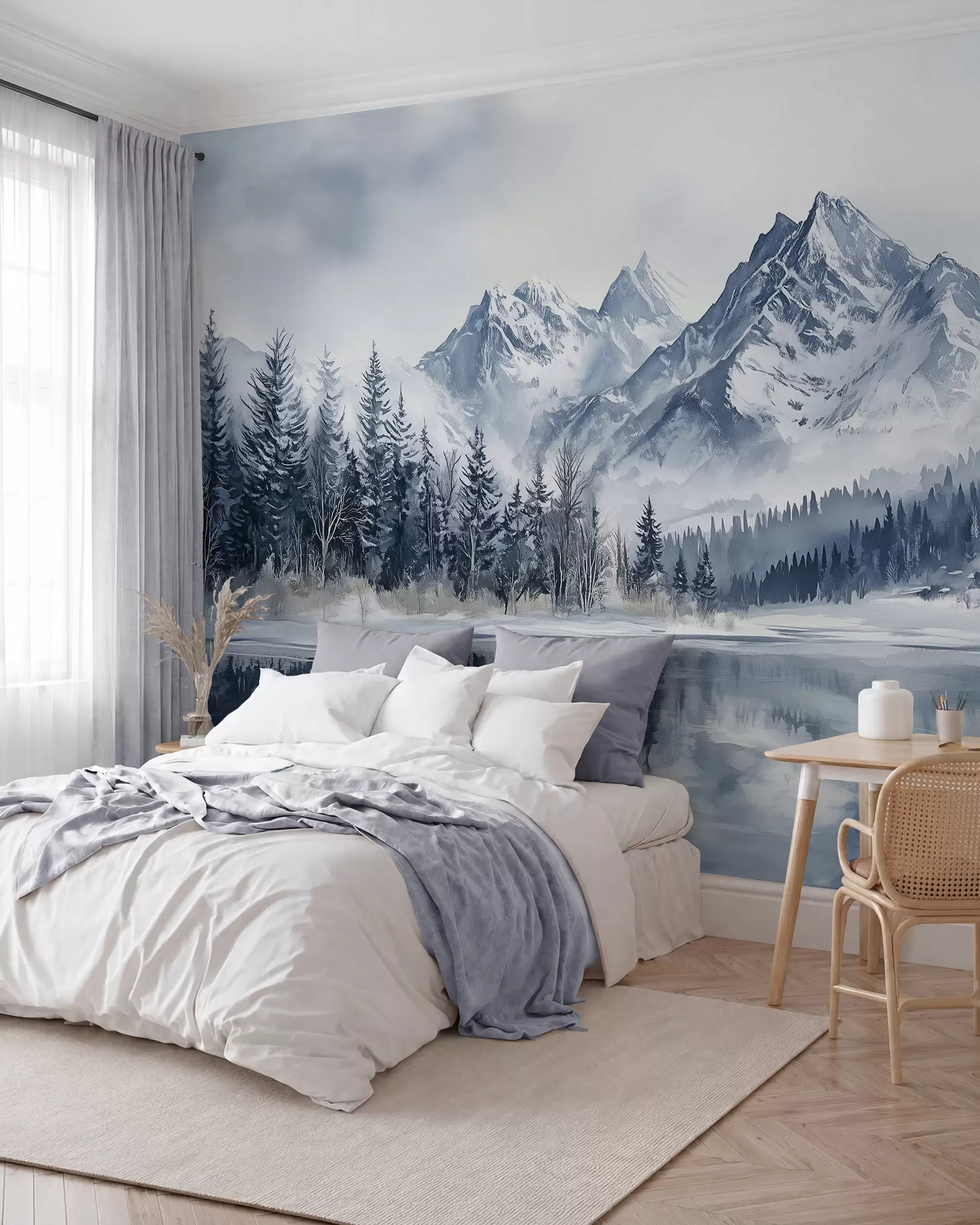 Fotobehang De Alpen in sneeuw, winterbos, bevroren meer, blauw kleurenpalet w02358