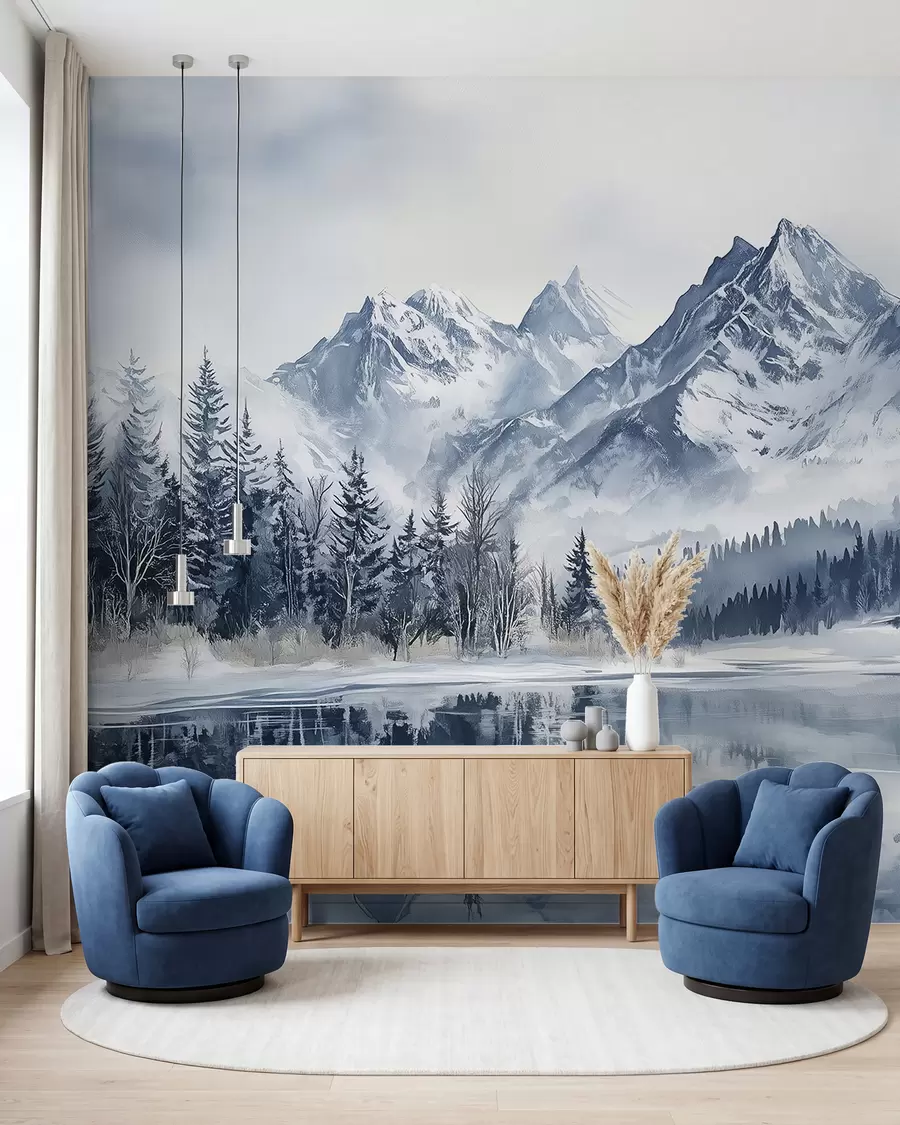 Fotobehang De Alpen in sneeuw, winterbos, bevroren meer, blauw kleurenpalet w02358
