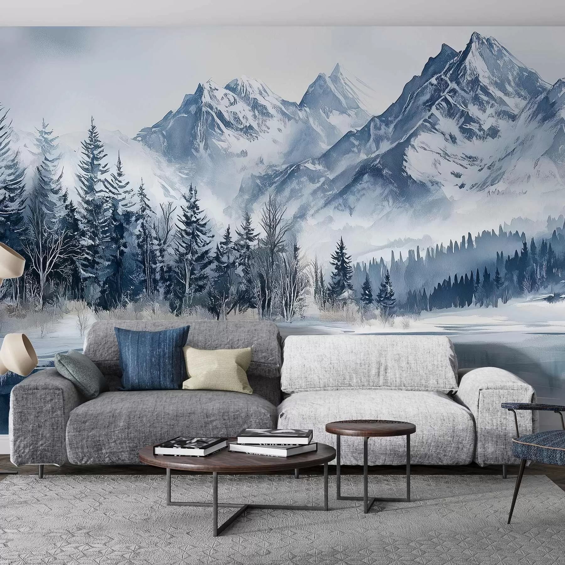 Fotobehang De Alpen in sneeuw, winterbos, bevroren meer, blauw kleurenpalet w02358