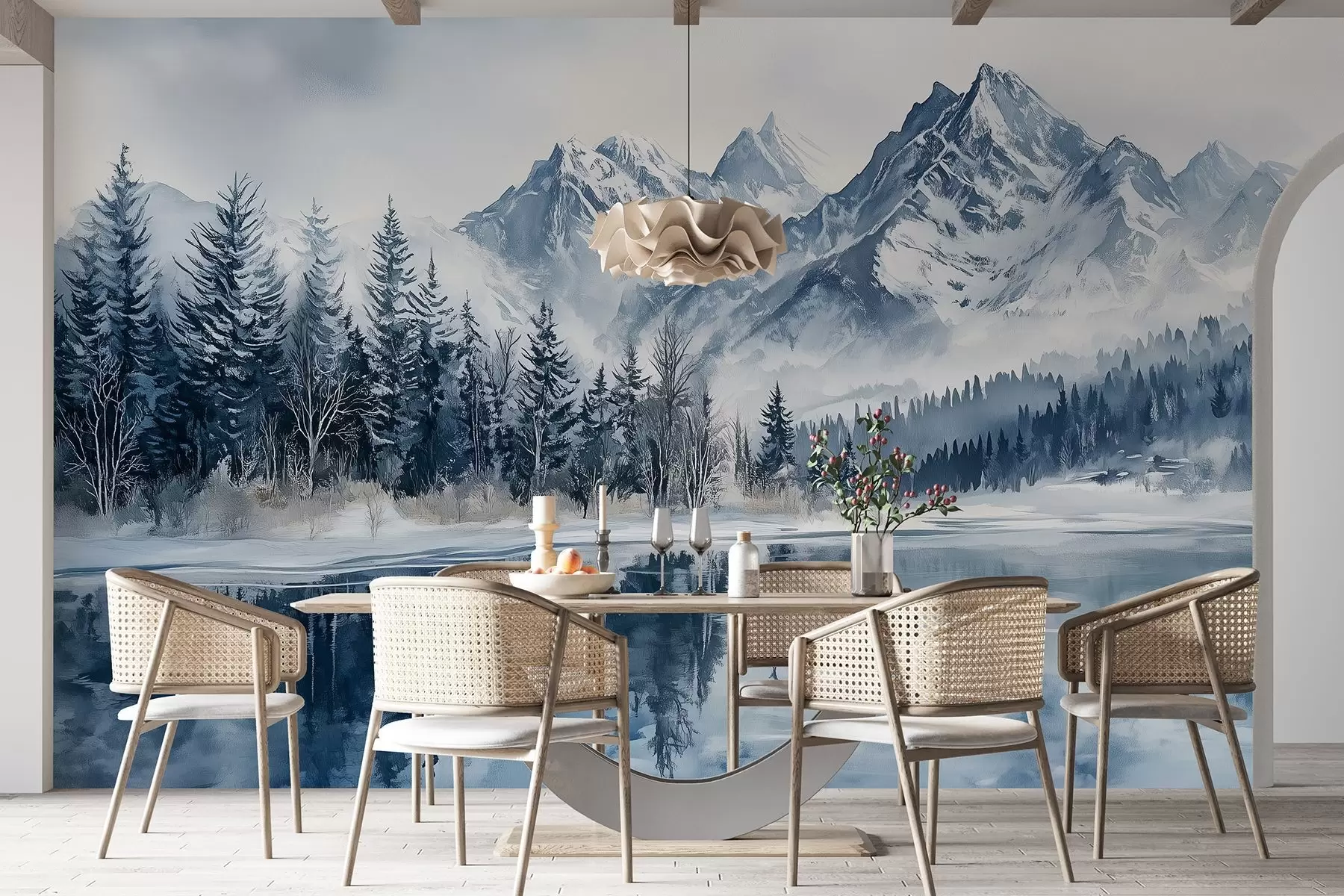 Fotobehang De Alpen in sneeuw, winterbos, bevroren meer, blauw kleurenpalet w02358